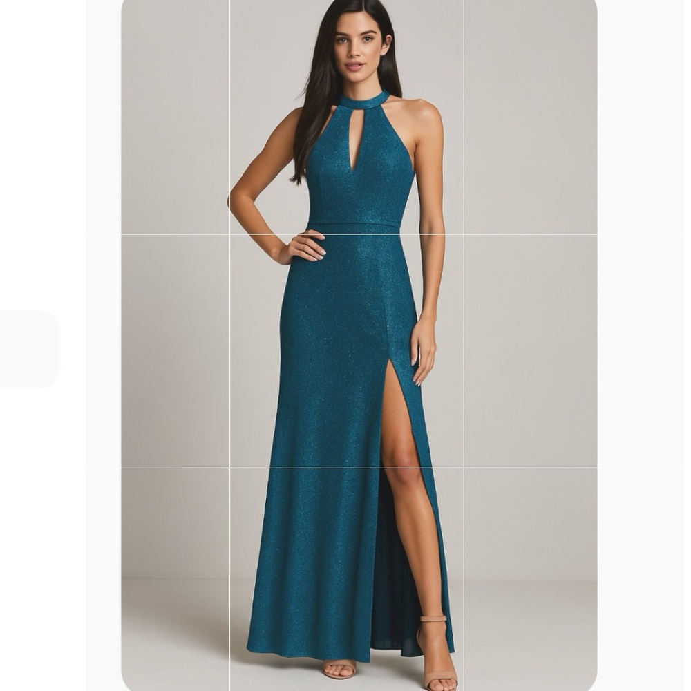 Morgan & Co. Blue Glitter Halter Gown Size 3 Keyhole Front Slit Maxi Dress
